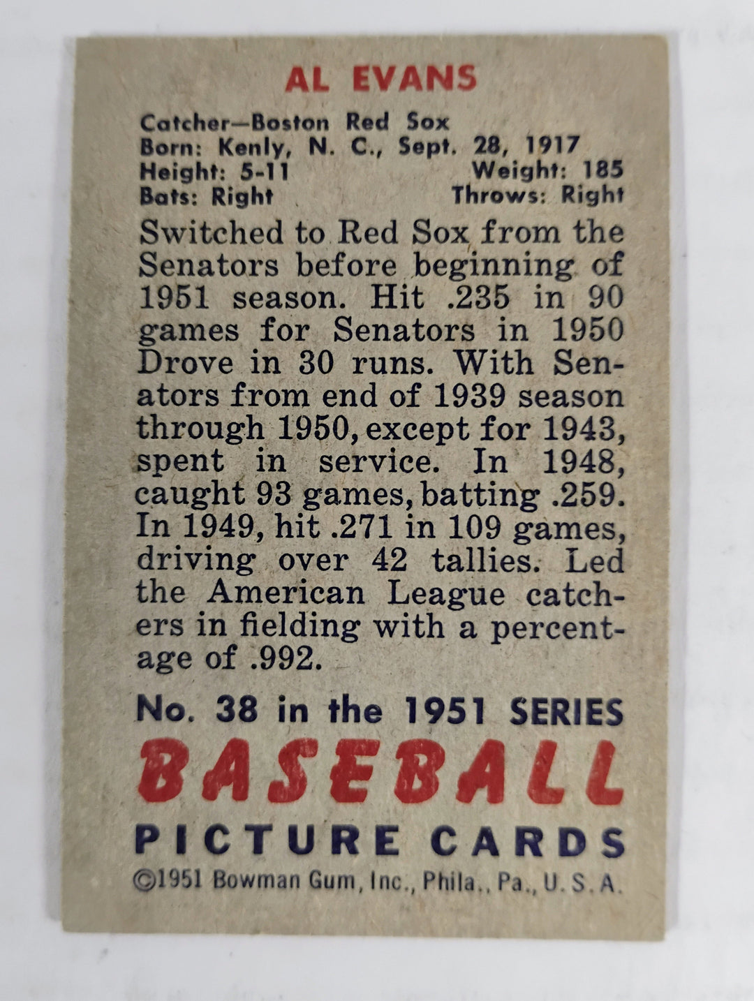 1951 Bowman Baseball Al Evans #38 NM-Mint Partial Set Break