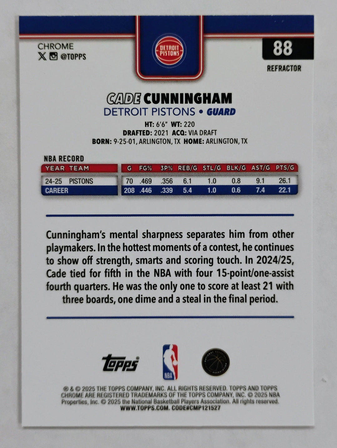 2025 Topps Chrome Basketball Cade Cunningham #88 Refractor