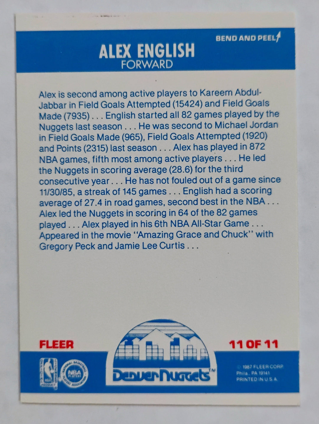 1987-88 Fleer Basketball Alex English #11 Sticker