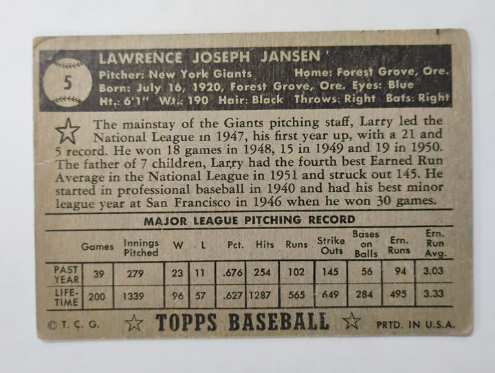1952 Topps Baseball Larry Jansen #5 Black Back