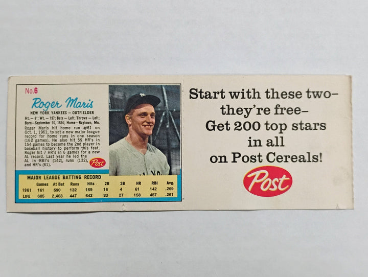 1962 Post Cereal Mickey Mantle #5/Roger Maris #6 Magazine Ad Insert