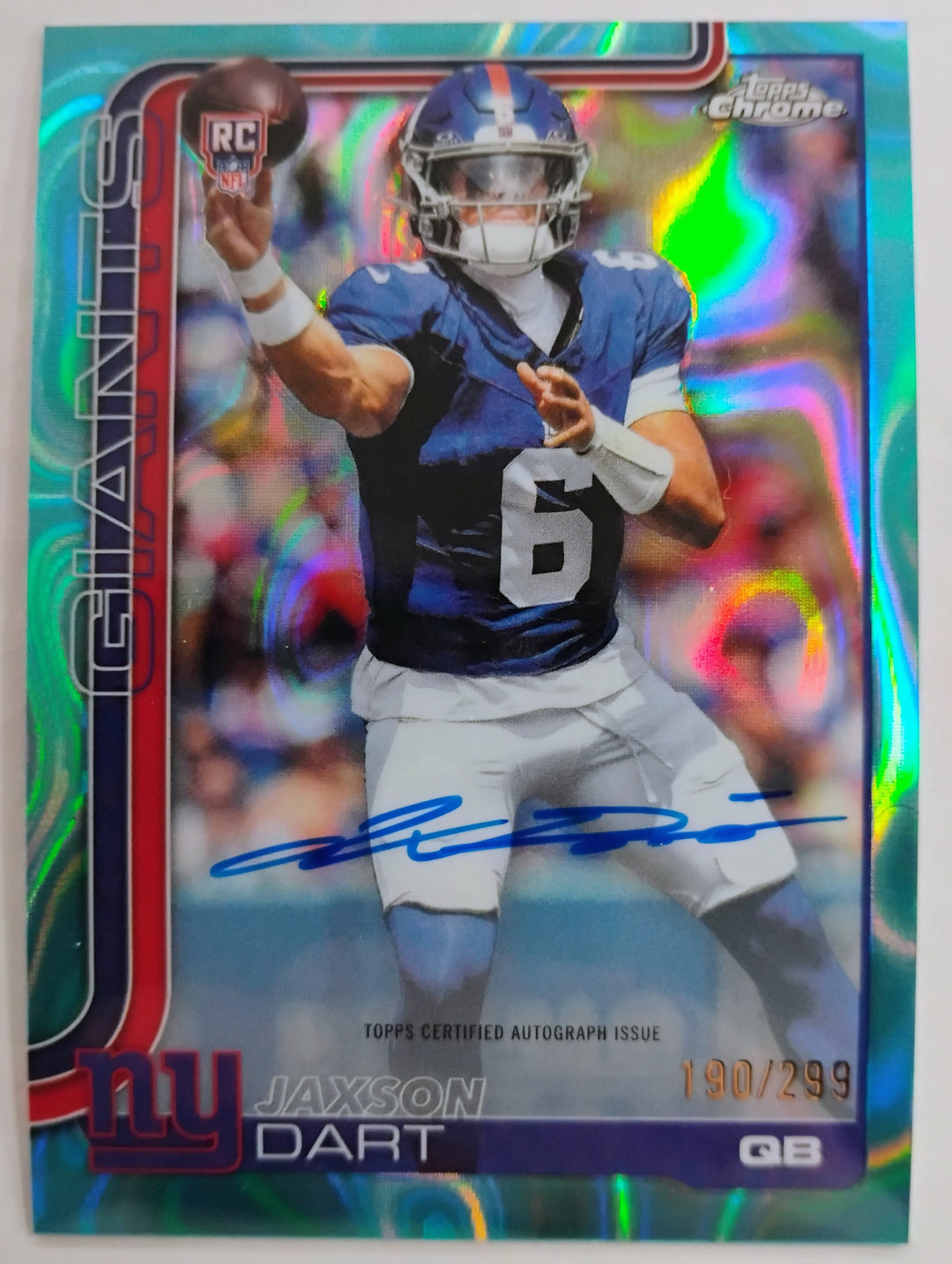 2025 Topps Chrome Football Jaxson Dart #RA-JD Teal Wave Refractor Auto 190/299