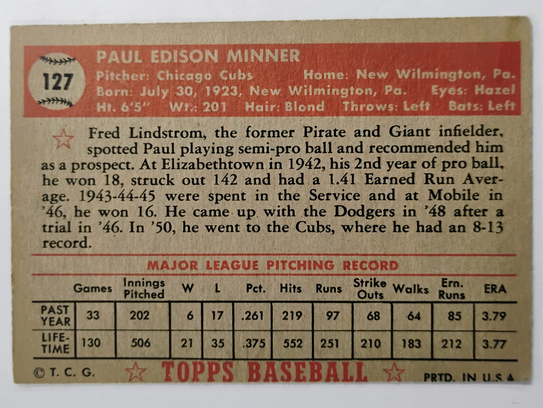 1952 Topps Baseball Paul Minner #127 Red Back
