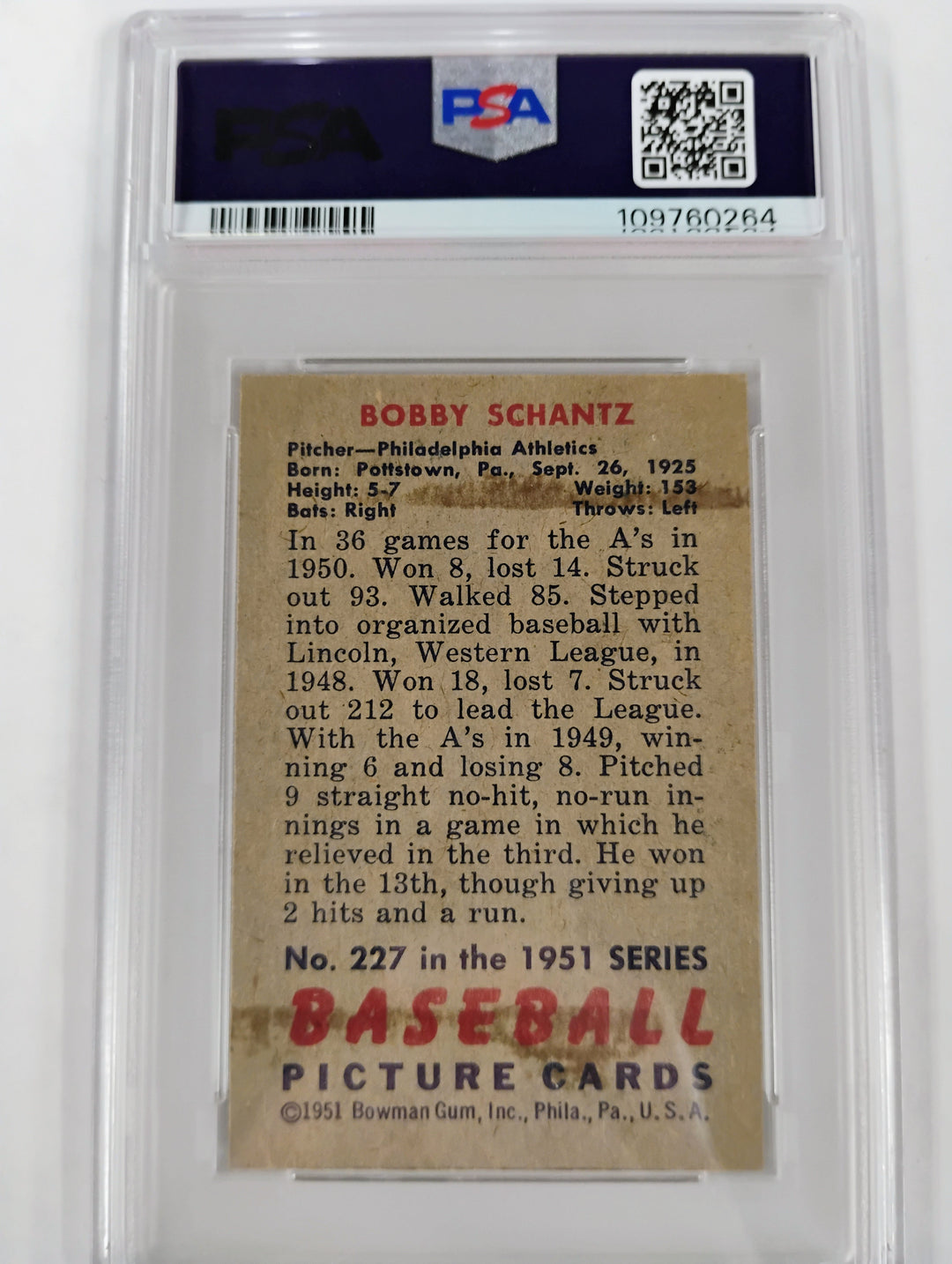 Bowman Bobby Schantz #227 EX PSA 5
