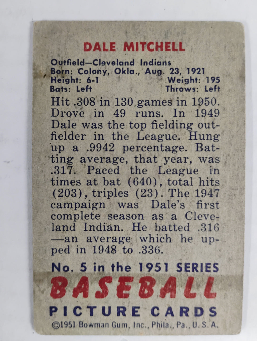 1951 Bowman Baseball Dale Mitchell #5 Poor Partial Set Break