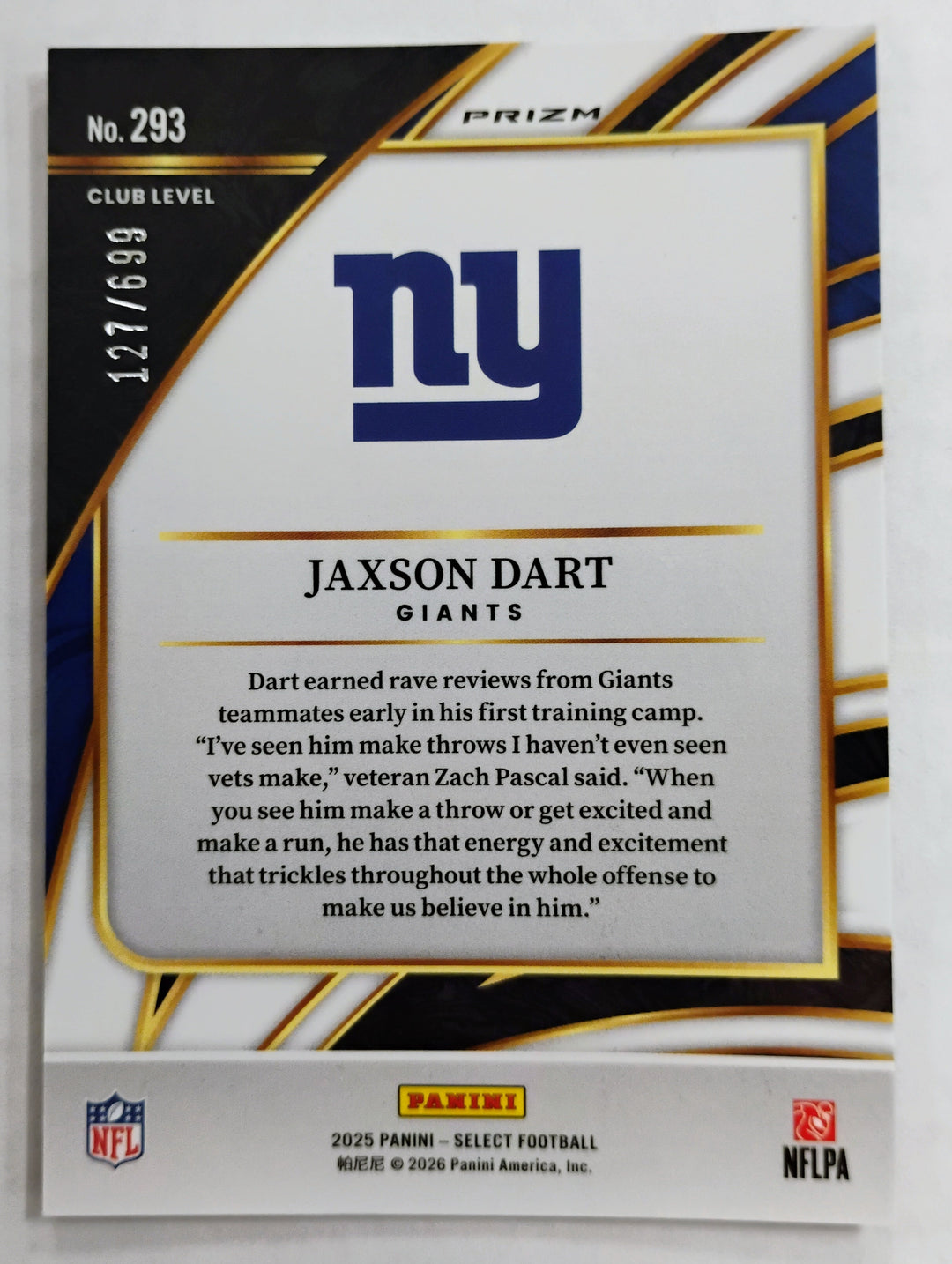 2025 Panini Select Football Jaxson Dart #293 Club Level Purple Shock Prizm 127/699