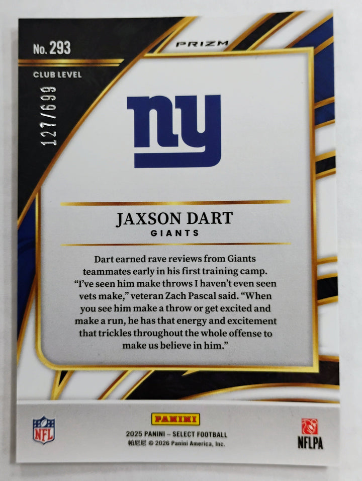 2025 Panini Select Football Jaxson Dart #293 Club Level Purple Shock Prizm 127/699