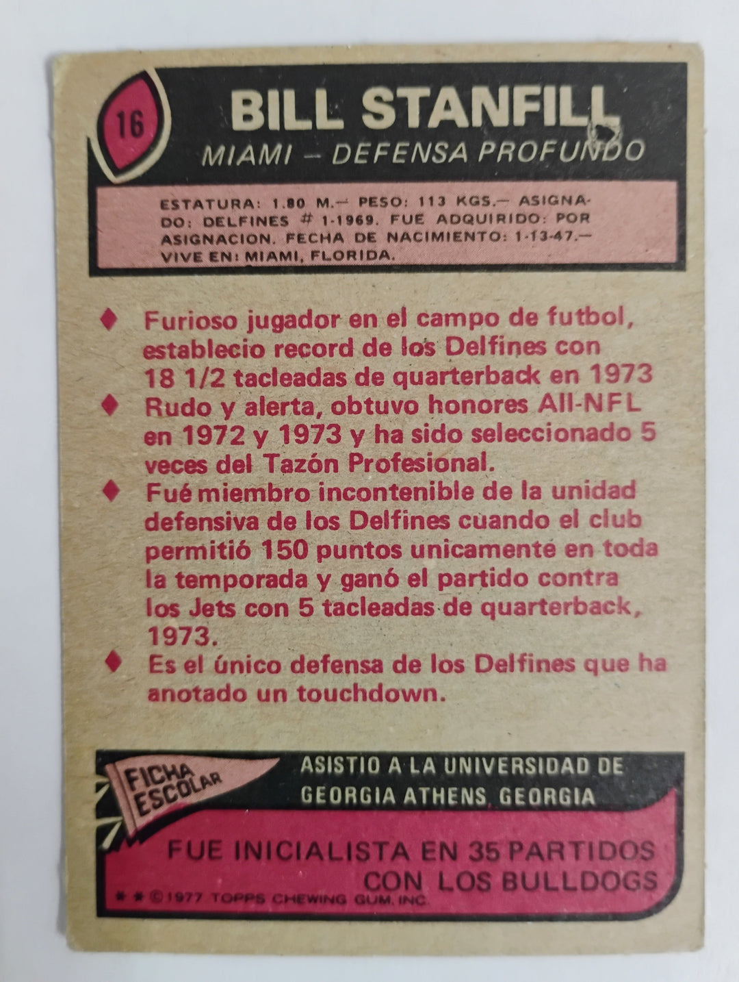 1977 Topps Mexican Football Bill Stanfill #16 SP