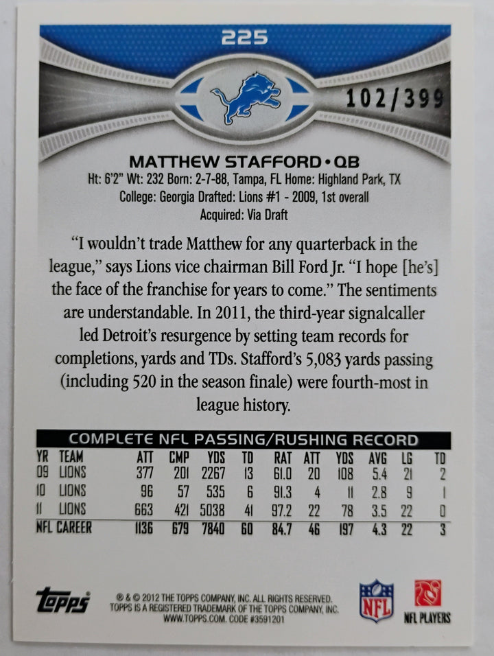 2013 Topps Football Matthew Stafford #225 Pink 102/399
