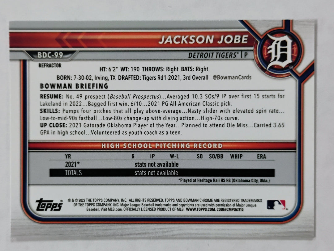 2022 Bowman Draft Chrome Baseball Jackson Jobe #BDC-99 Silver Refractor