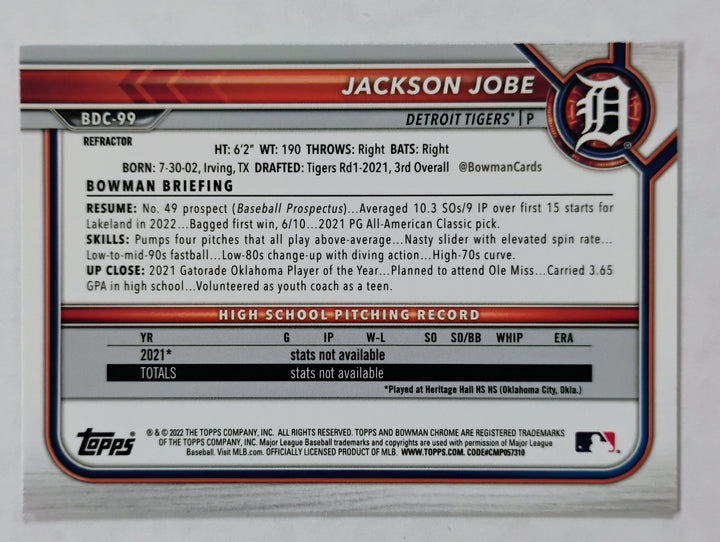 2022 Bowman Draft Chrome Baseball Jackson Jobe #BDC-99 Silver Refractor