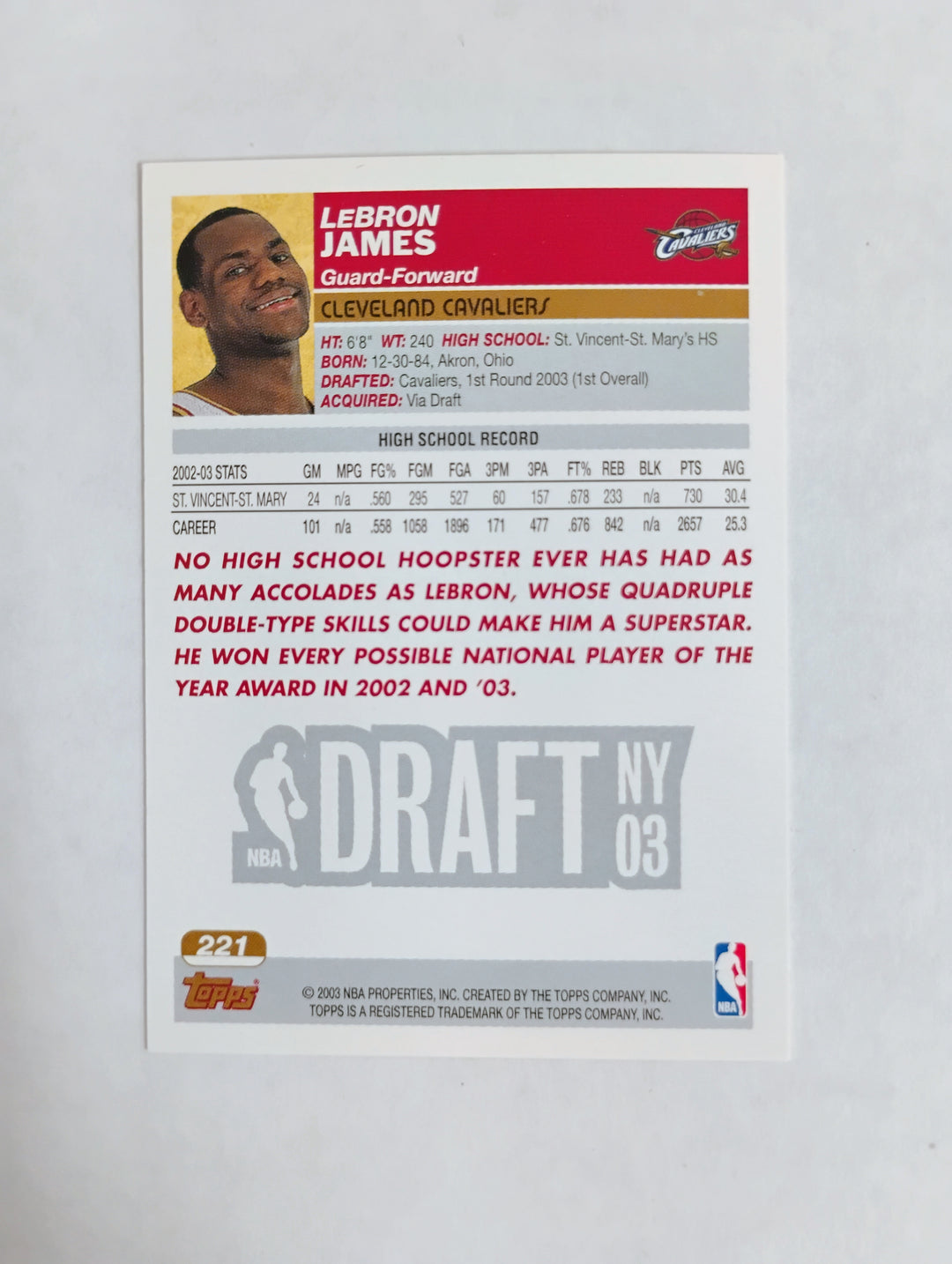 2003-04 Topps Basketball Lebron James RC Draft Pick #221