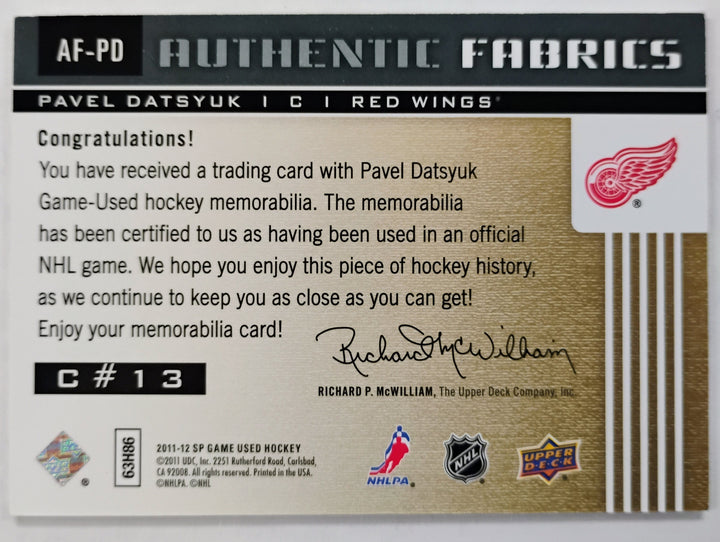 2011-12 Upper Deck SP Game Used Hockey Pavel Datsyuk #AF-PD Authentic Fabrics