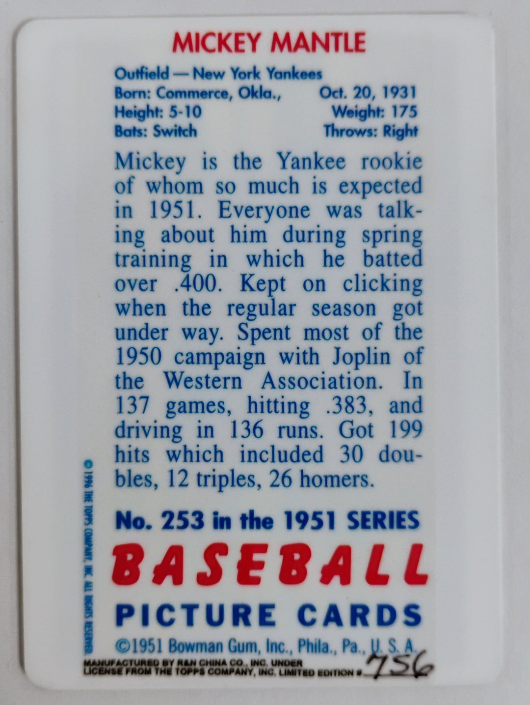 1951 Bowman Baseball Mickey Mantle R&N Porcelain RC Limited Edition