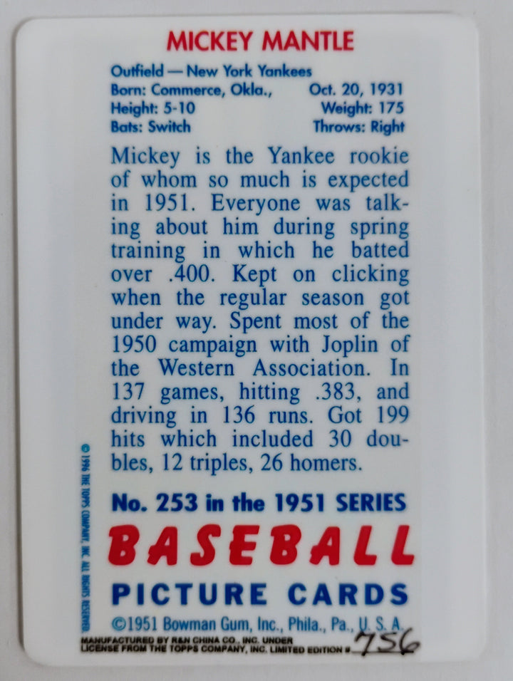 1951 Bowman Baseball Mickey Mantle R&N Porcelain RC Limited Edition