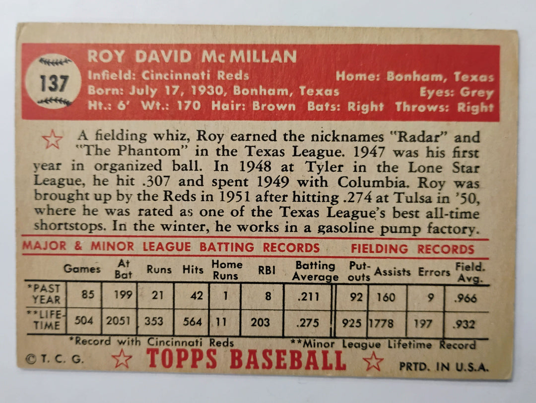 1952 Topps Baseball Roy McMillan #137 Red Back