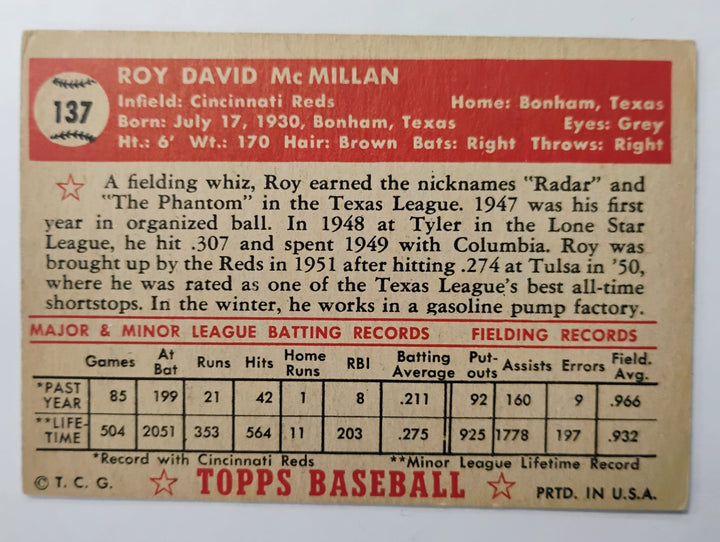 1952 Topps Baseball Roy McMillan #137 Red Back