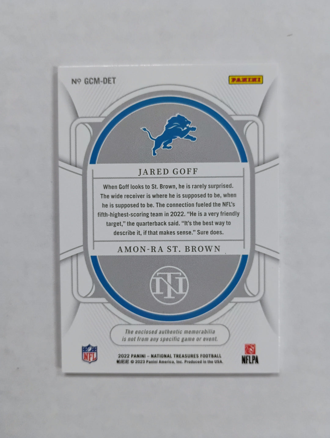 2022 Panini National Treasures Football Jared Goff/Amon-Ra St. Brown #GCM-DET