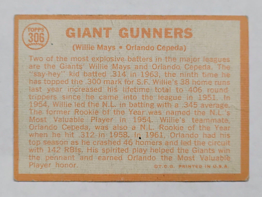 1964 Topps Baseball Giant Gunners #306 Willie Mays/Orlando Cepeda