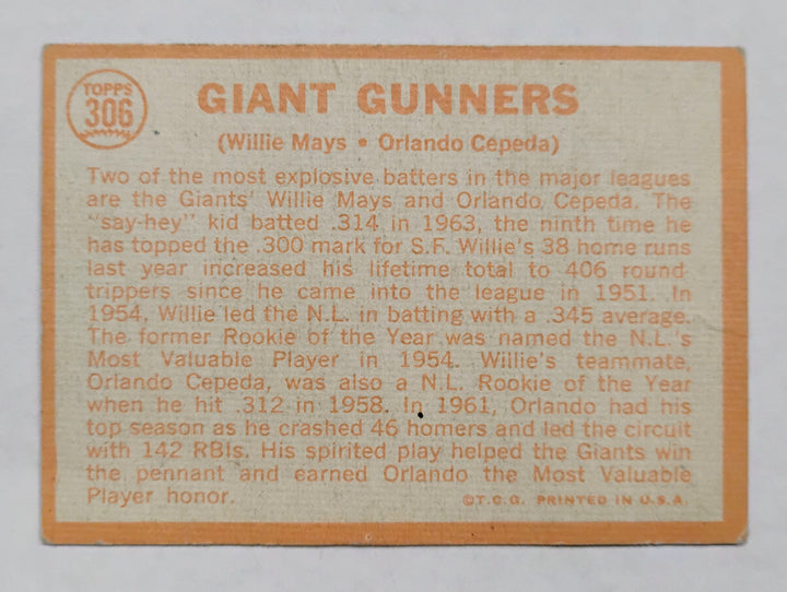 1964 Topps Baseball Giant Gunners #306 Willie Mays/Orlando Cepeda