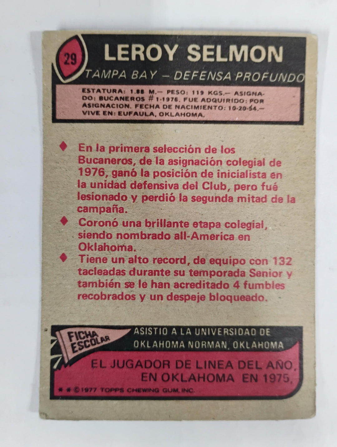 1977 Topps Mexican Football Leroy Selmon #29 RC