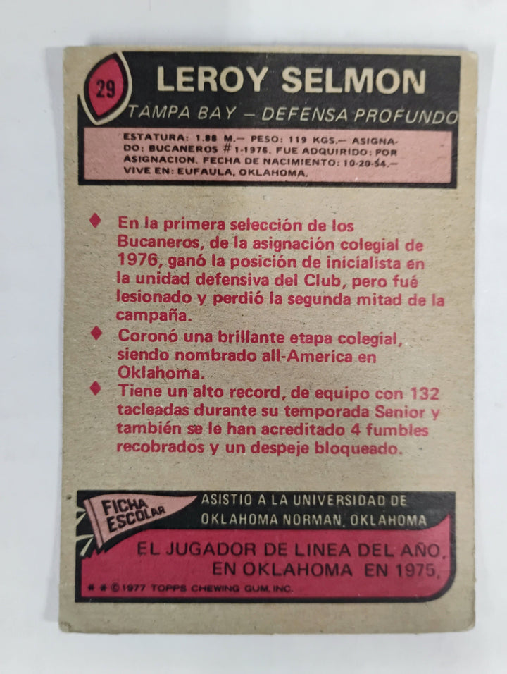 1977 Topps Mexican Football Leroy Selmon #29 RC