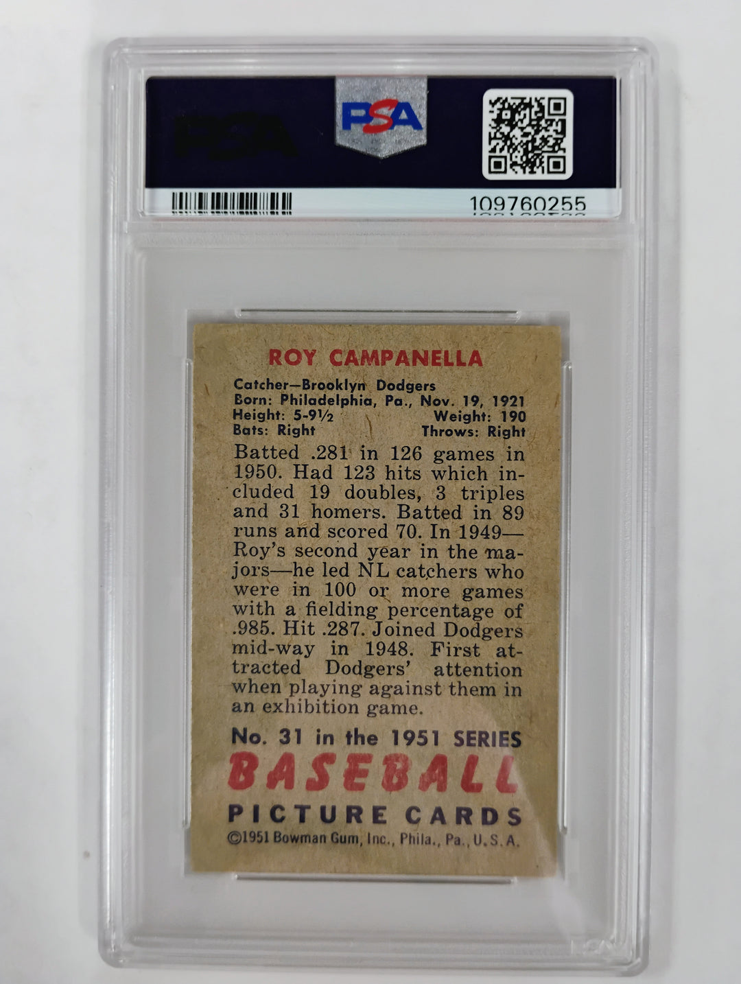 1951 Bowman Roy Campanella #31 VG PSA 3
