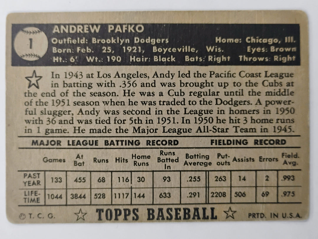 1952 Topps Baseball Andy Pafko #1 Black Back