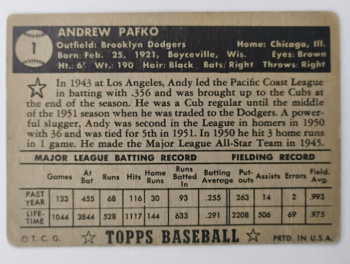 1952 Topps Baseball Andy Pafko #1 Black Back