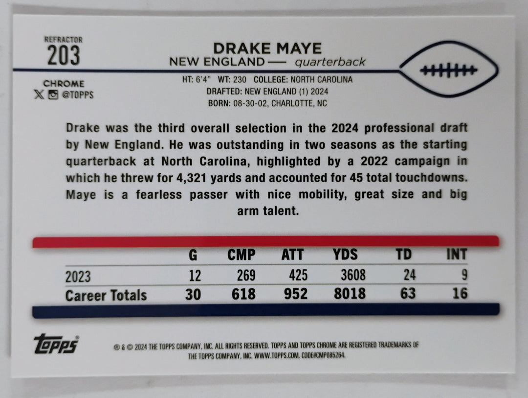 2024 Topps Chrome Football Drake Maye #203 Refractor
