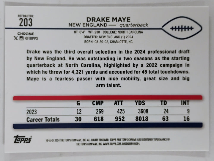 2024 Topps Chrome Football Drake Maye #203 Refractor