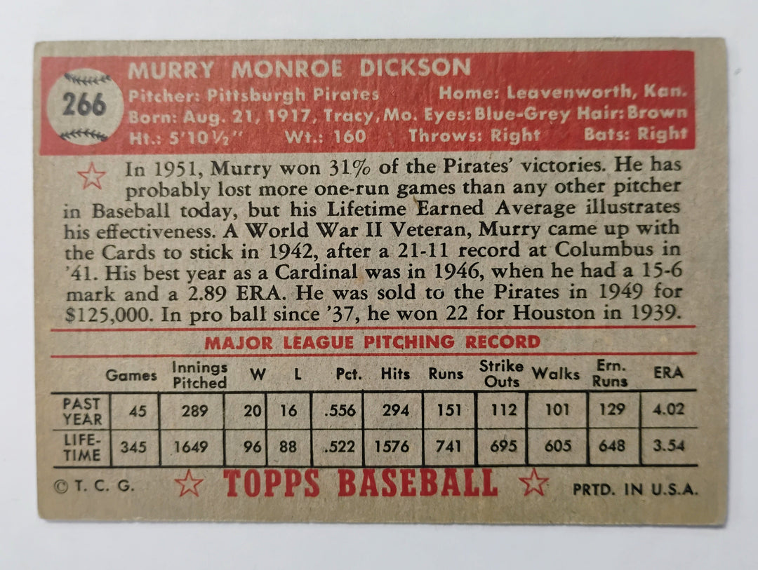 1952 Topps Baseball Murry Dickson # 266 Red Back
