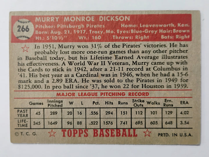 1952 Topps Baseball Murry Dickson # 266 Red Back