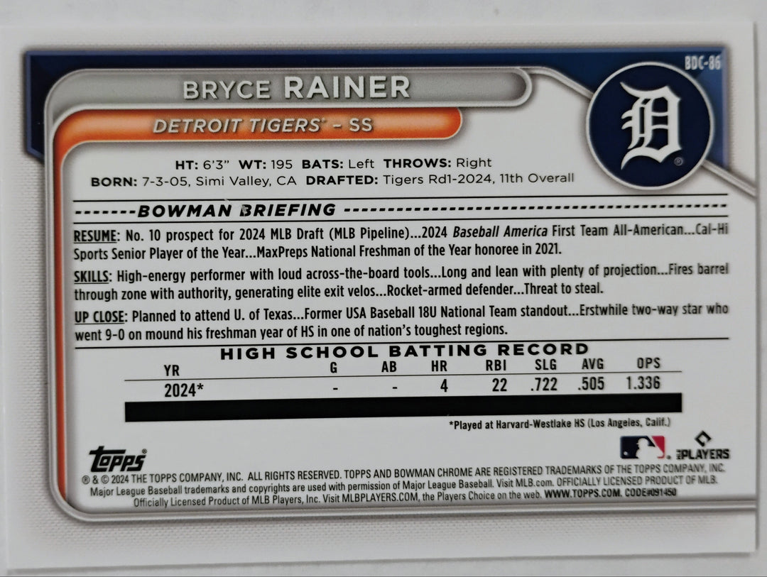 2024 Bowman Draft Chrome Baseball Bryce Rainer RC #BDC-86
