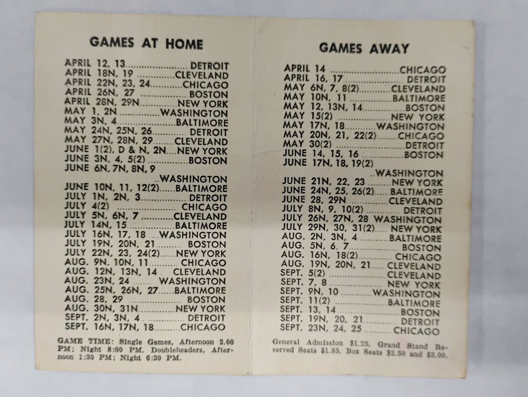 1955 Kansas City Athletics Major League Pocket Schedule