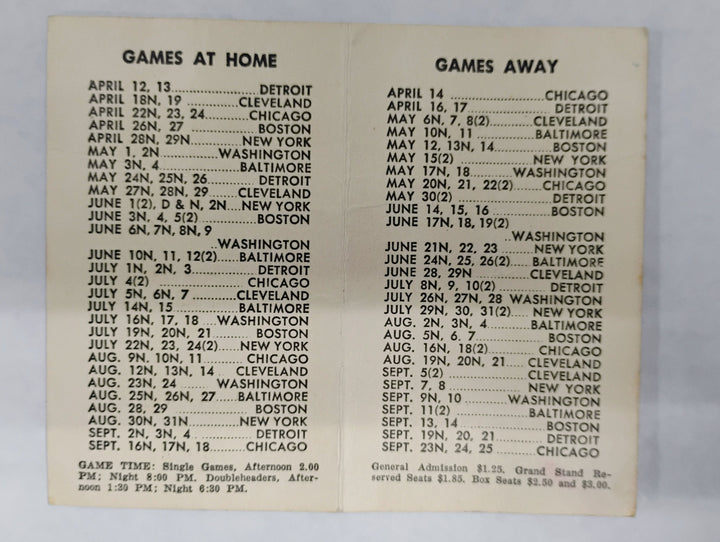 1955 Kansas City Athletics Major League Pocket Schedule