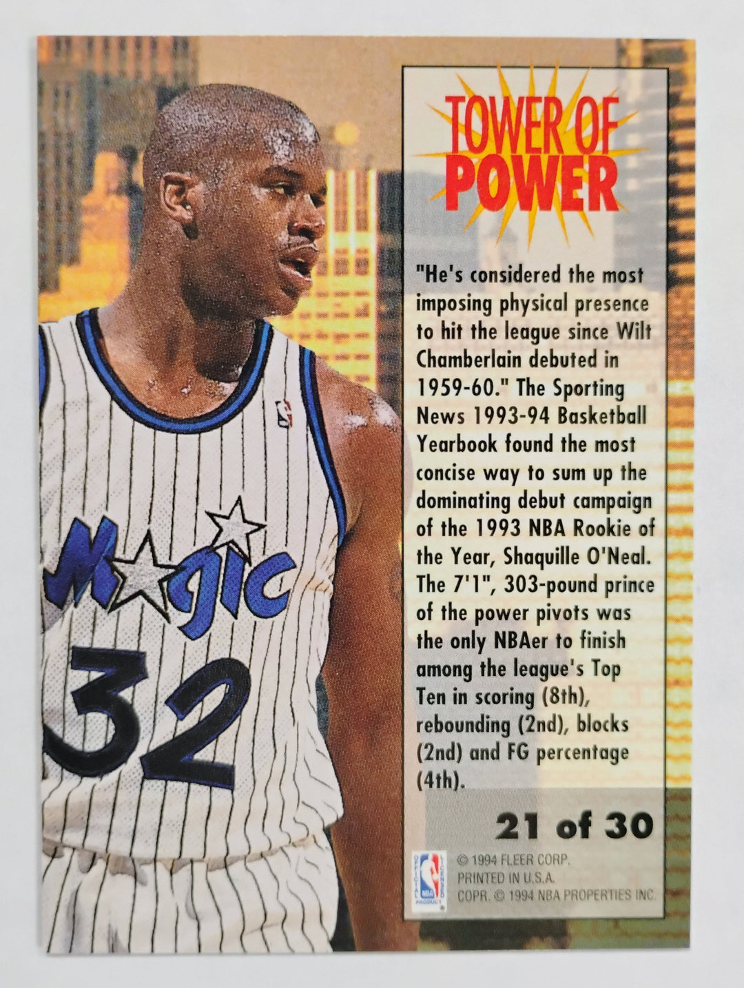 1993-94 Fleer Basketball Shaquille O'Neal #21 Tower Of Power