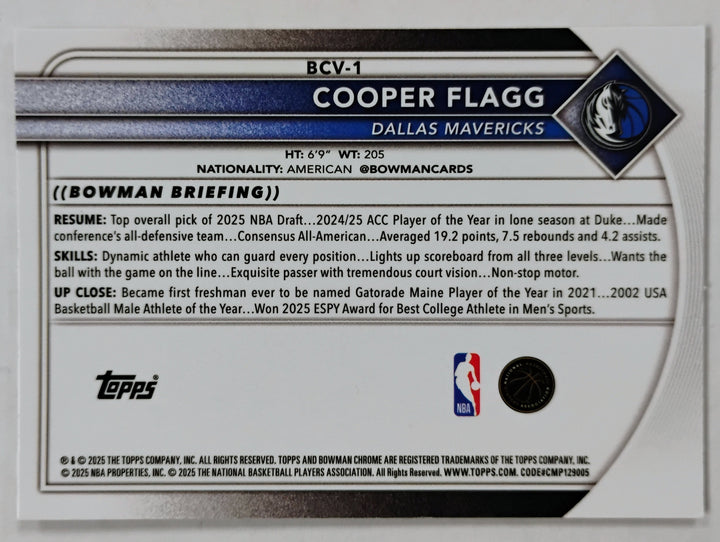 2025 Bowman Chrome Basketball Cooper Flagg RC #BCV-1 Reptilian Refractor