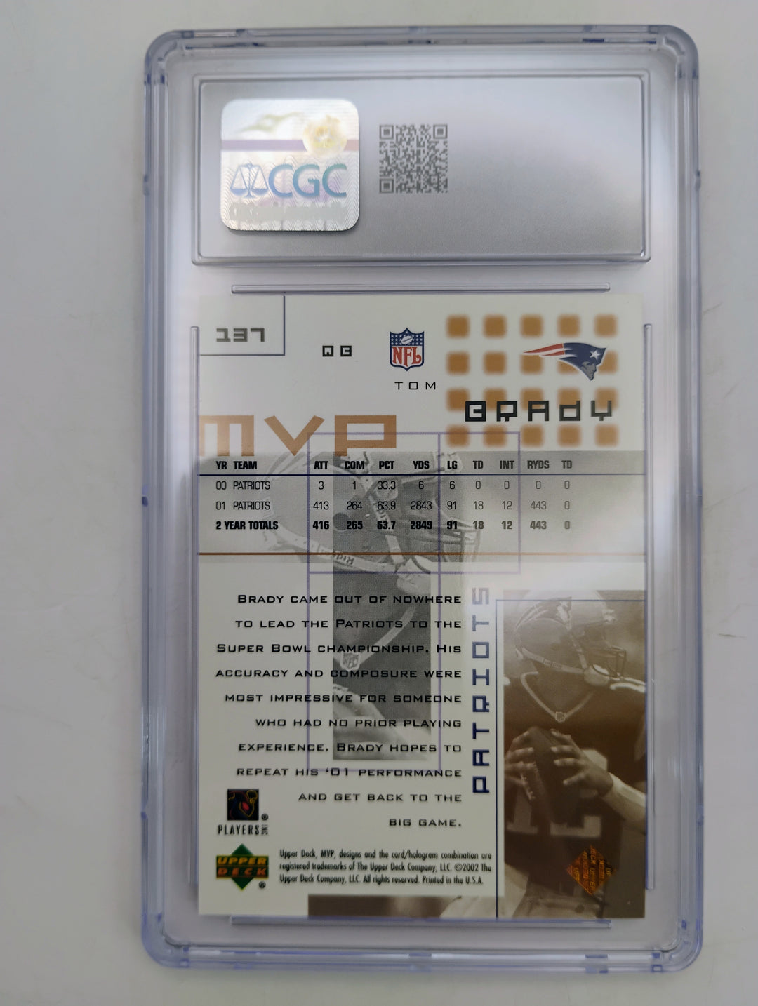 2002 Upper Deck MVP Tom Brady #137 CGC 10