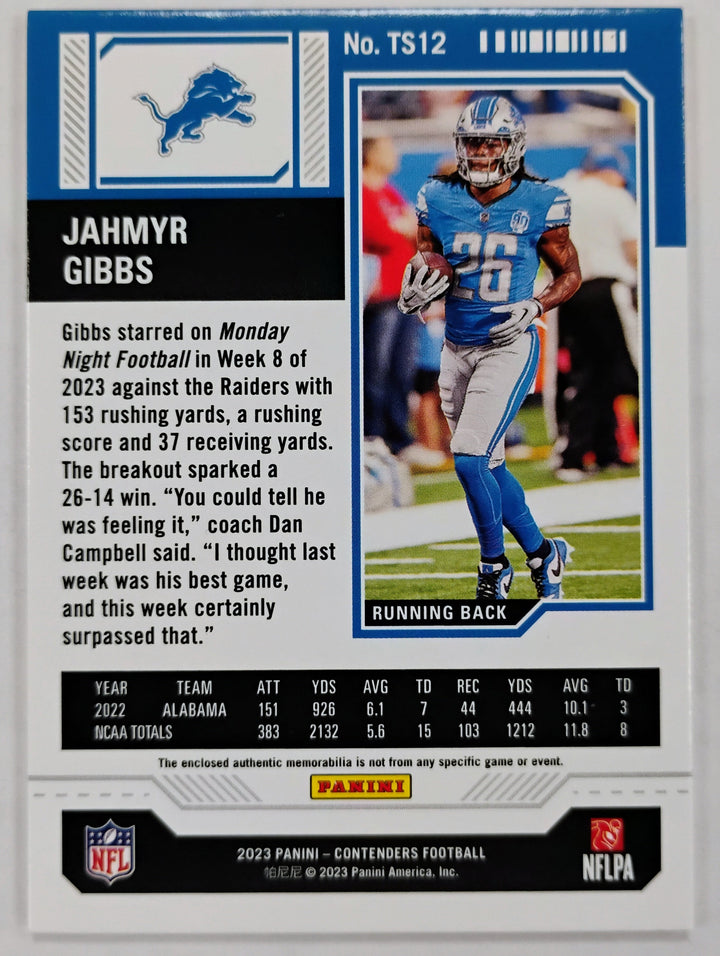 2023 Panini Contenders Football Jahmyr Gibbs RC #TS12 Rookie Ticket Relic