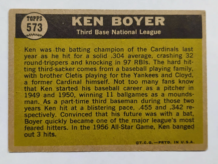 1961 Topps Baseball Ken Boyer #573 Sporting News All-Star