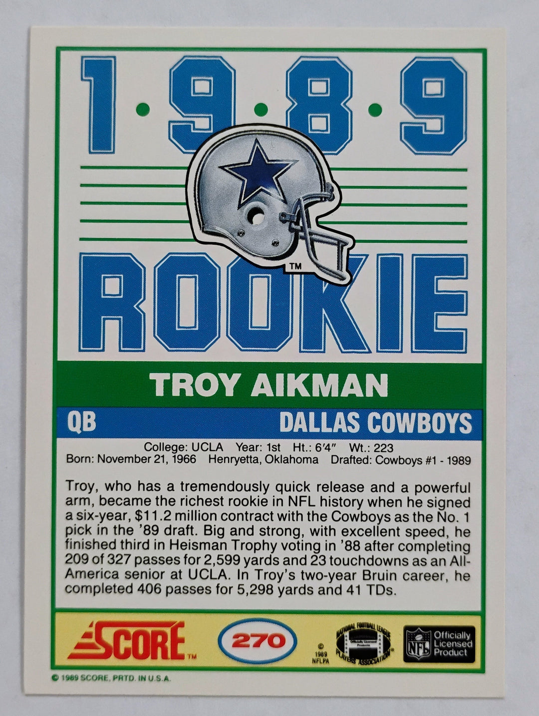 1989 Score Football Troy Aikman Rookie Card #270
