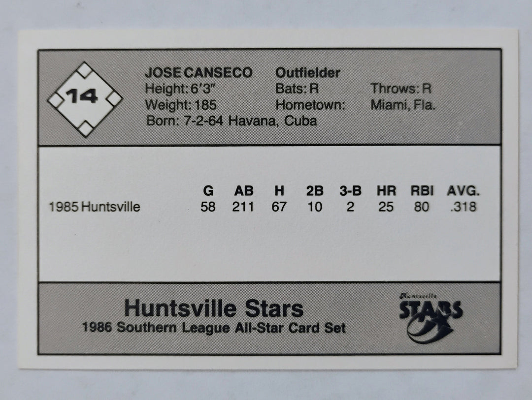 1986 Hunstville Stars Baseball Jose Canseco #14