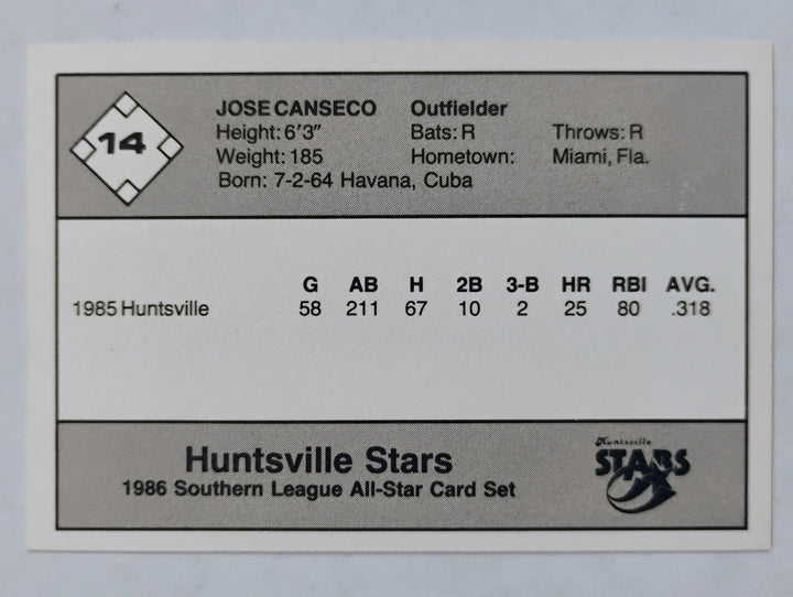 1986 Hunstville Stars Baseball Jose Canseco #14