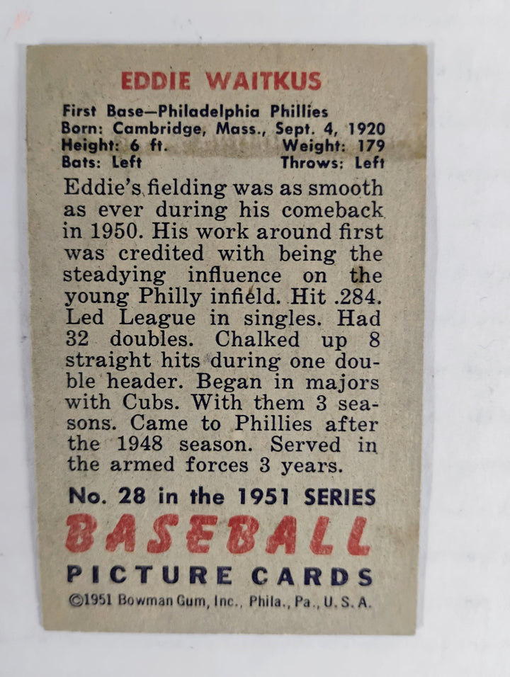 1951 Bowman Baseball Eddie Waitkus #28 VG Partial Set Break