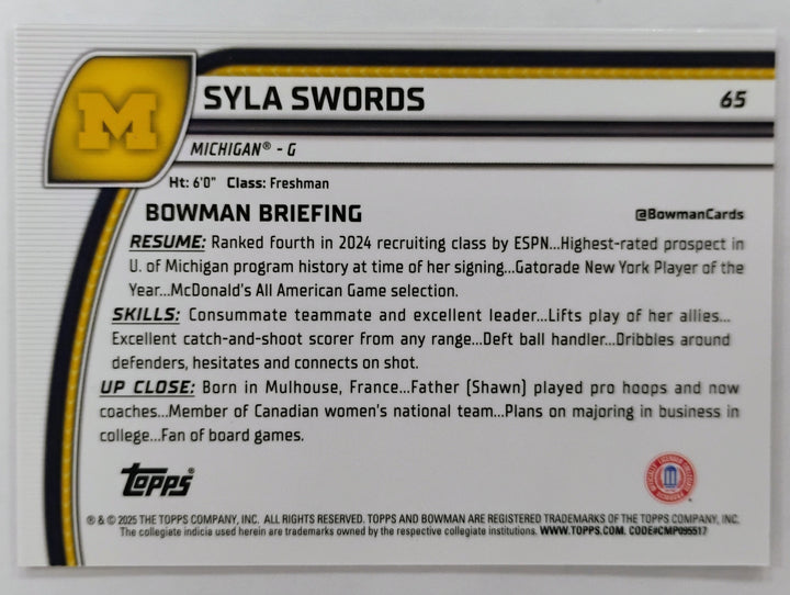2025 Bowman Chrome U Syla Swords #65 Purple Lava
