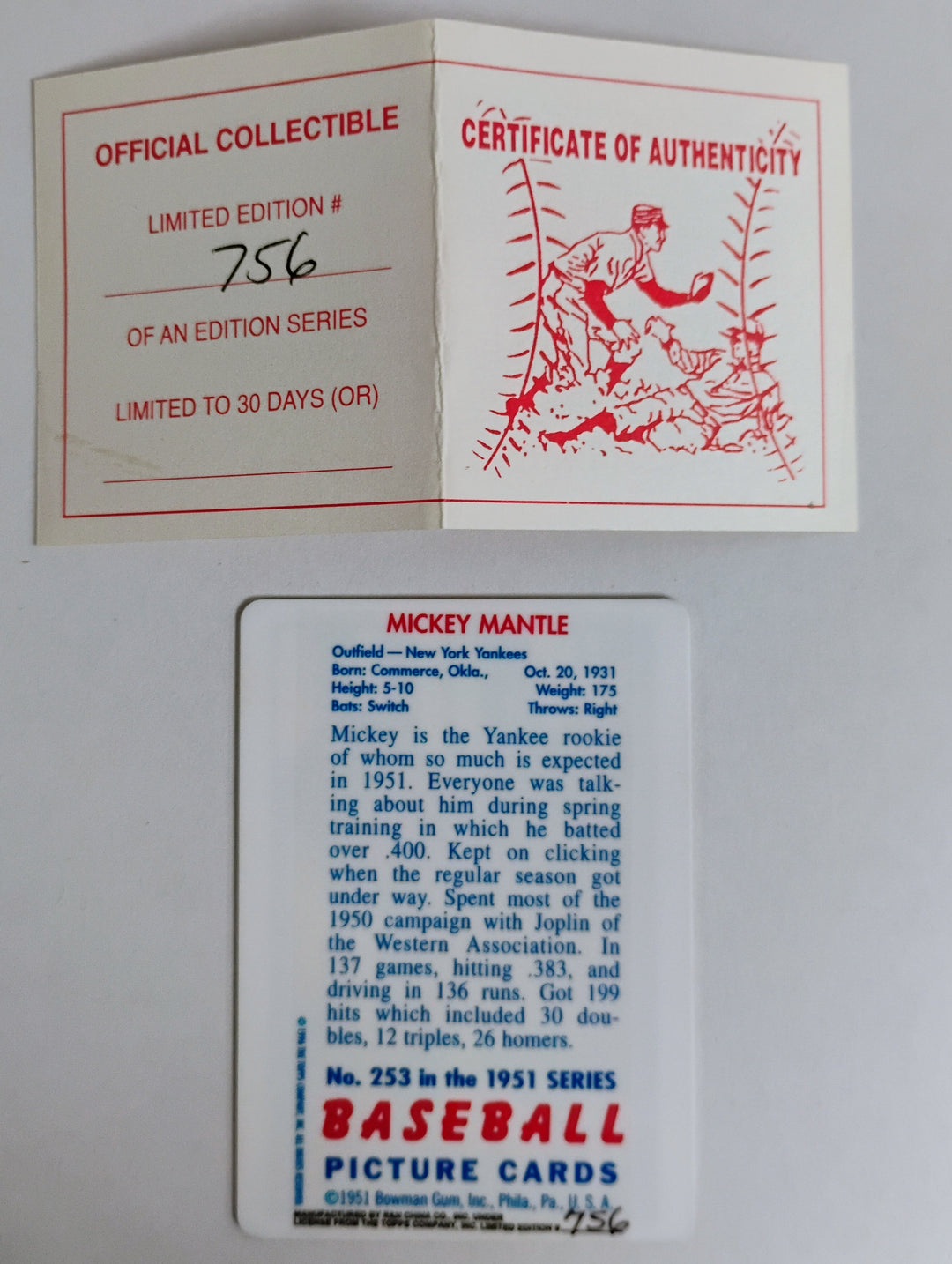 1951 Bowman Baseball Mickey Mantle R&N Porcelain RC Limited Edition