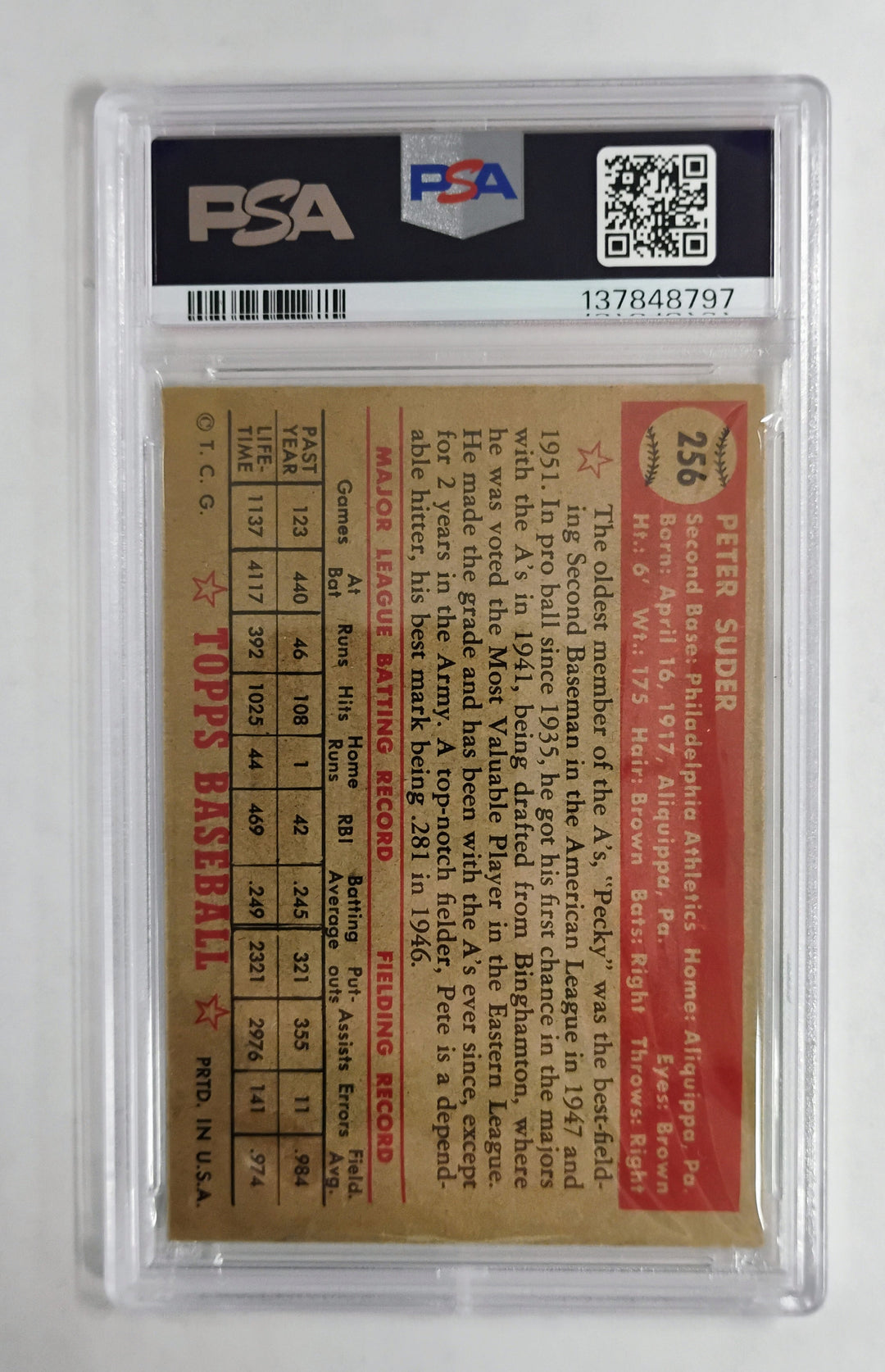 1952 Topps Baseball Pete Suder #256 PSA 5 EX