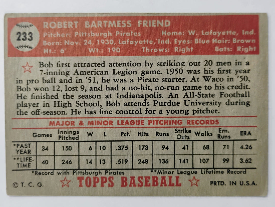 1952 Topps Baseball Bob Friend RC # 233 Red Back