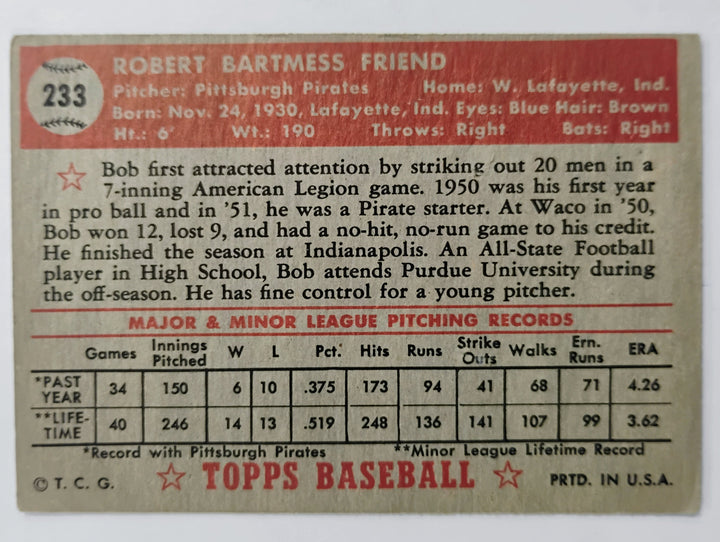 1952 Topps Baseball Bob Friend RC # 233 Red Back